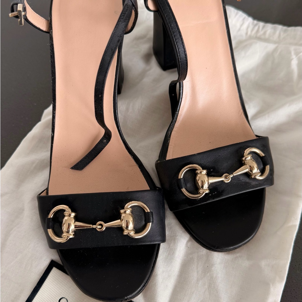 Gucci Black And Gold Heeled Sandals